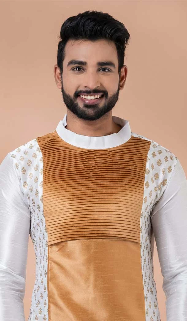 White Chiku Banarasi Silk Weaving Work Mens Kurta Pajama - 12103205273