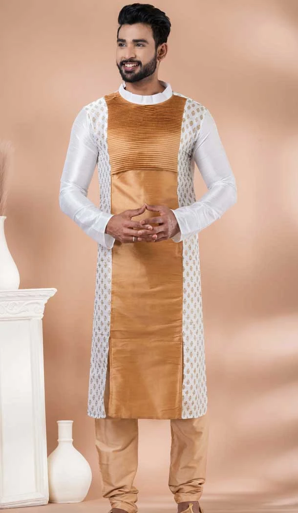 White Chiku Banarasi Silk Weaving Work Mens Kurta Pajama - 12103205273