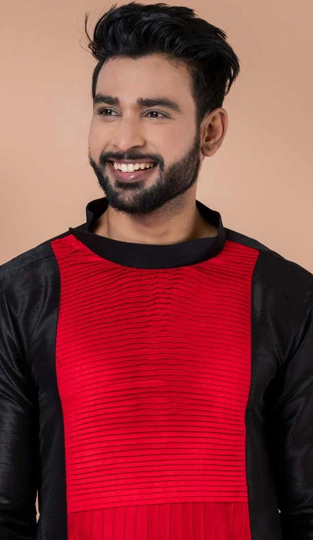 Black Red Banarasi Silk Weaving Work Mens Kurta Pajama - 12103205274