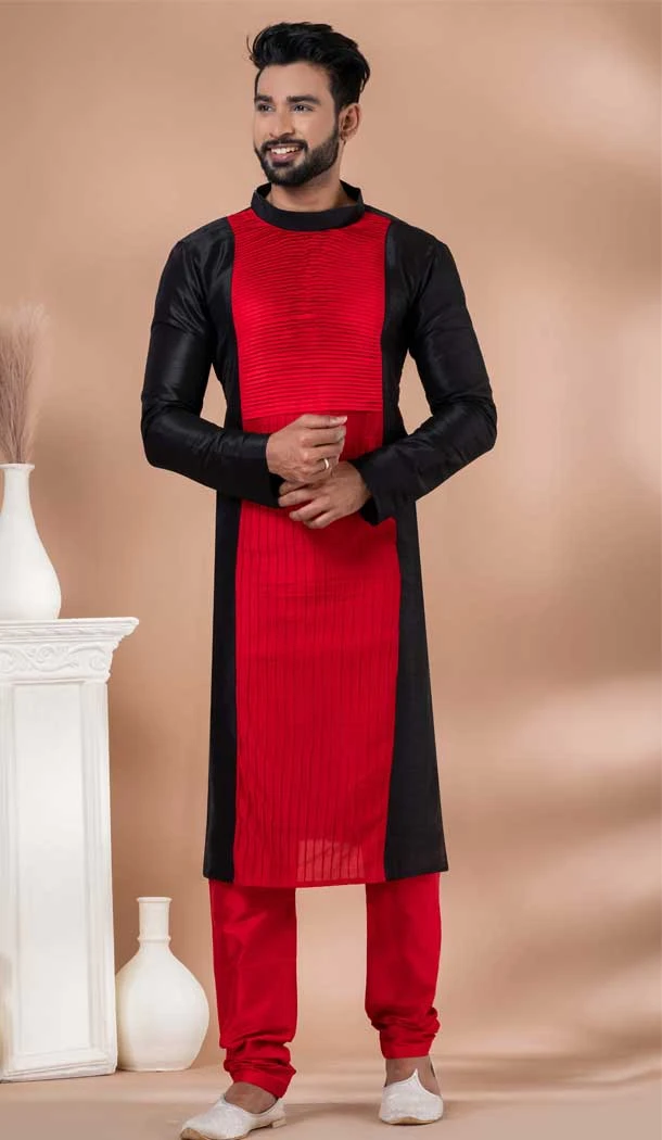 Black Red Banarasi Silk Weaving Work Mens Kurta Pajama - 12103205274