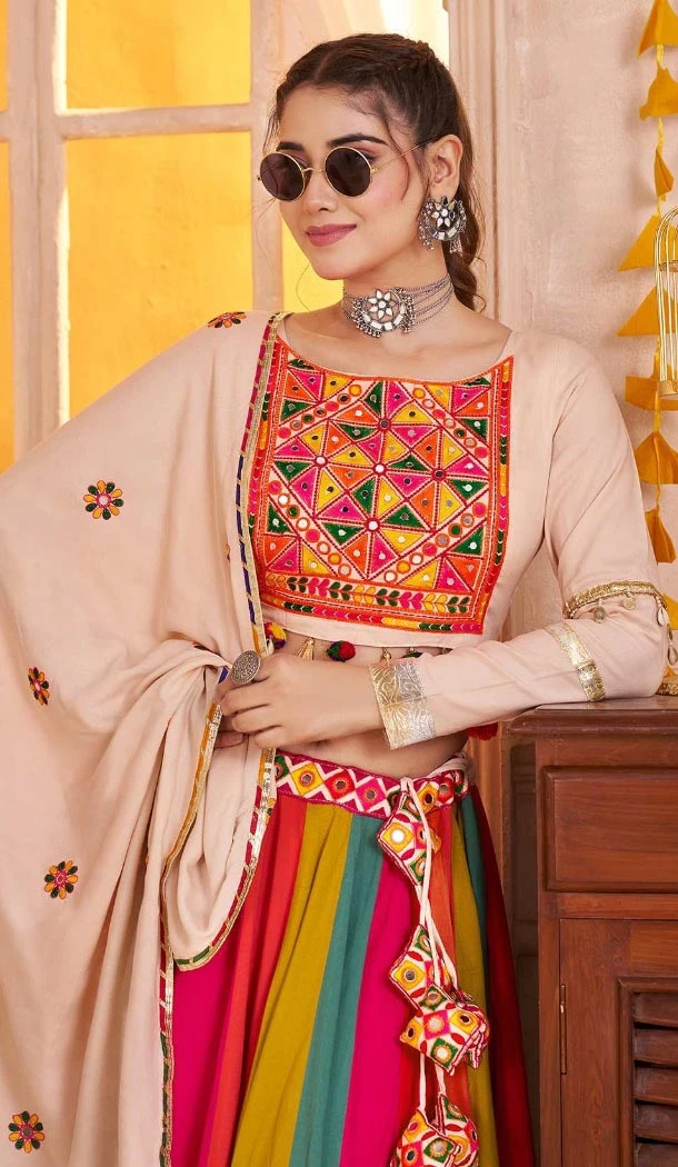 Women Navratri Chaniya Choli Viscose Cotton Designer Embroidery Work Beige - 160811245