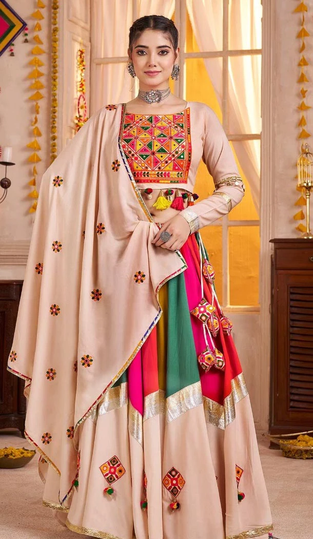 Women Navratri Chaniya Choli Viscose Cotton Designer Embroidery Work Beige - 160811245