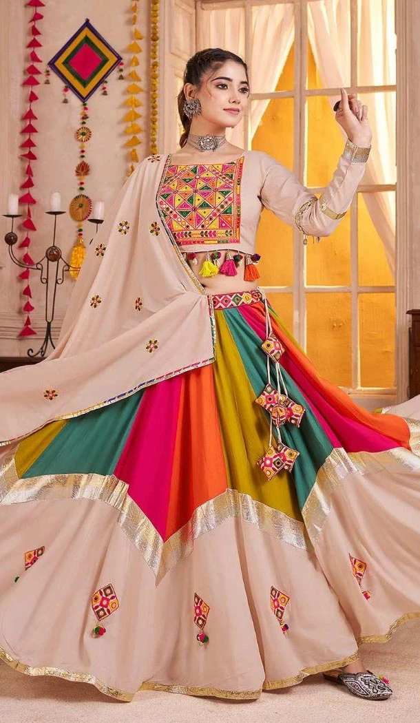 Women Navratri Chaniya Choli Viscose Cotton Designer Embroidery Work Beige - 160811245