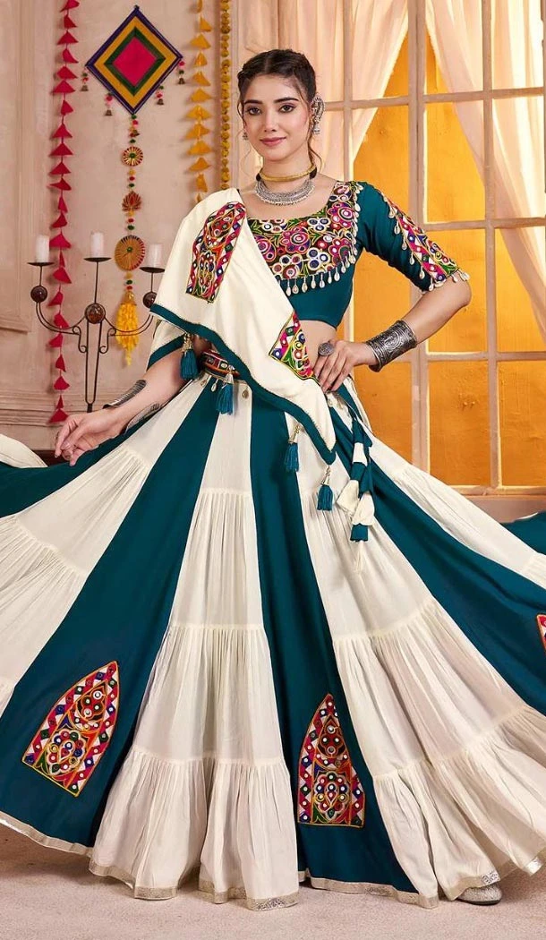 Women Viscose Cotton Teal Blue Designer Embroidery Work Navratri Chaniya Choli - 160811248