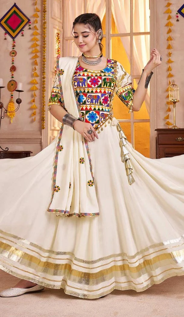 Women Navratri Chaniya Choli Designer Embroidery Work Off White Viscose Cotton - 160811250