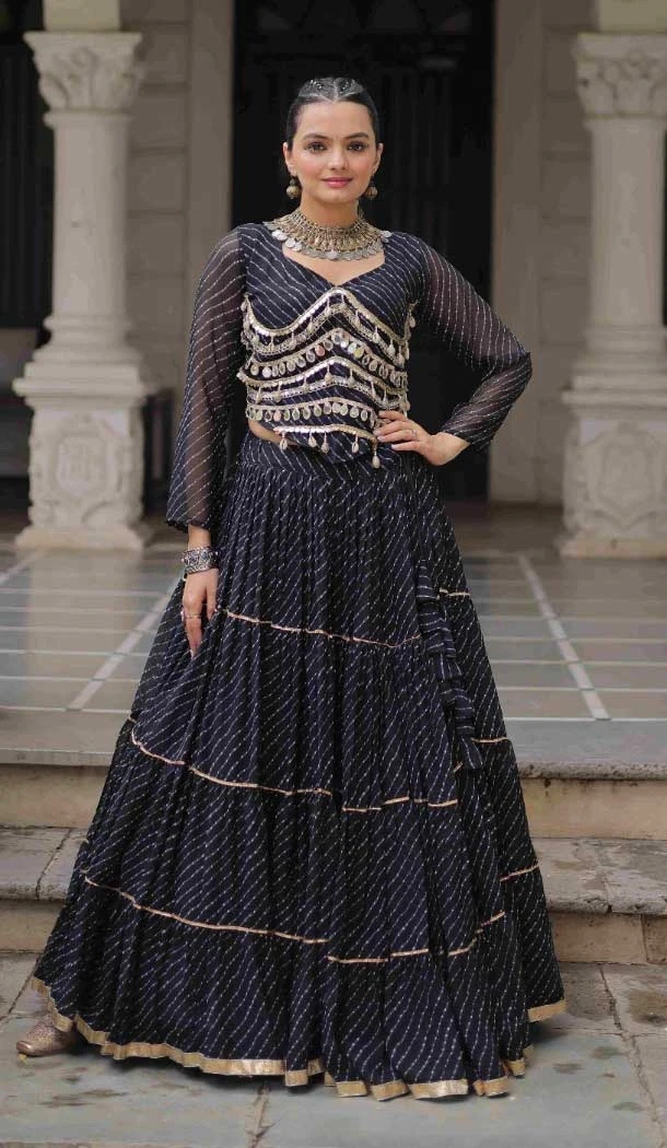 Women Lahariya Printed Gota Patti Lace Work Navratri Chaniya Choli Black - 160841259