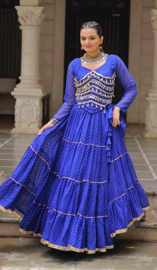 Women Blue Gota Patti Lace Work Lahariya Printed Navratri Chaniya Choli - 160841260