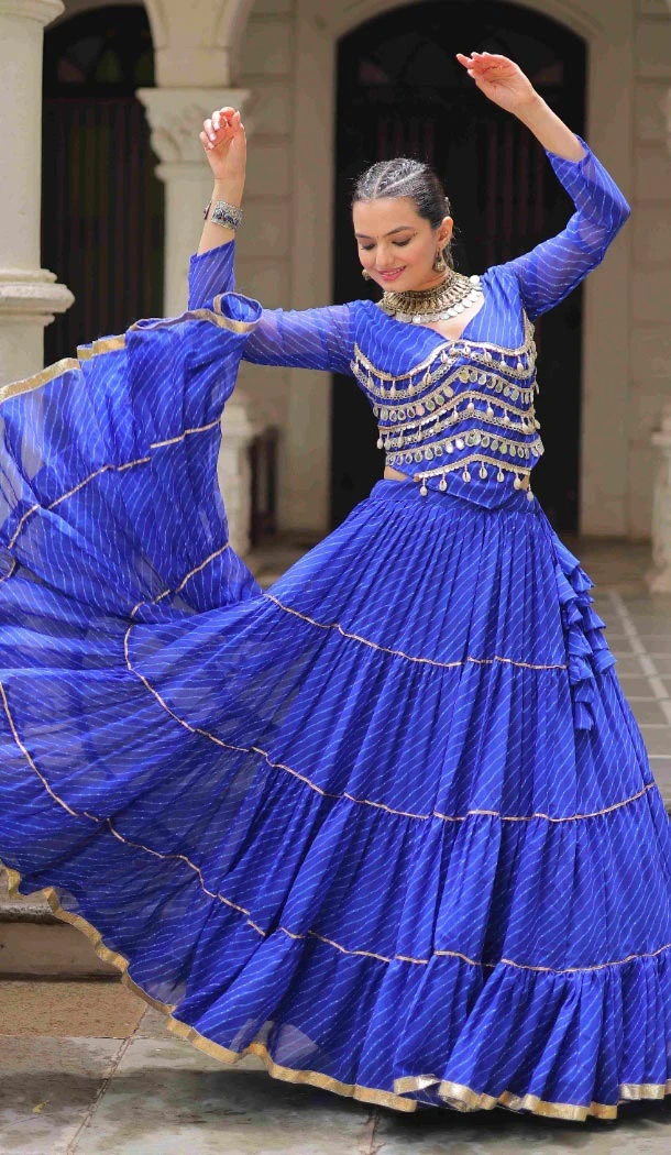 Women Blue Gota Patti Lace Work Lahariya Printed Navratri Chaniya Choli - 160841260