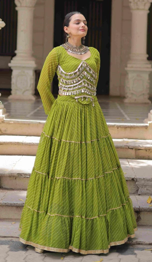 Women Navratri Chaniya Choli Gota Patti Lace Work Faux Georgette Parrot Green - 160841261