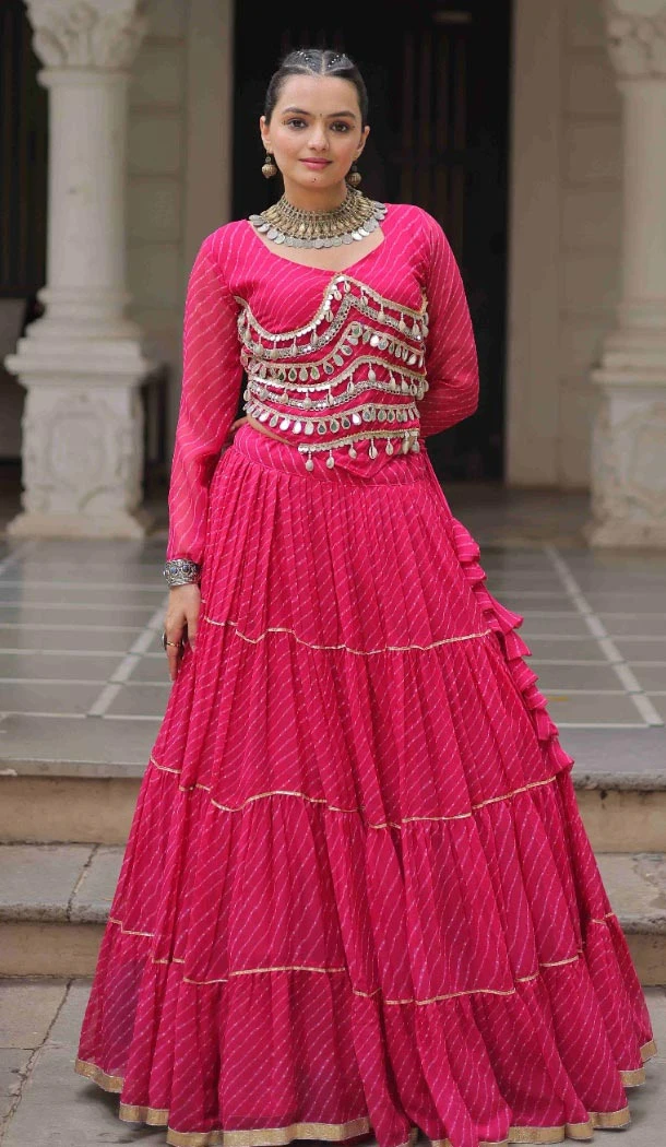 Women Pink Gota Patti Lace Work Faux Georgette Lahariya Printed - 160841262