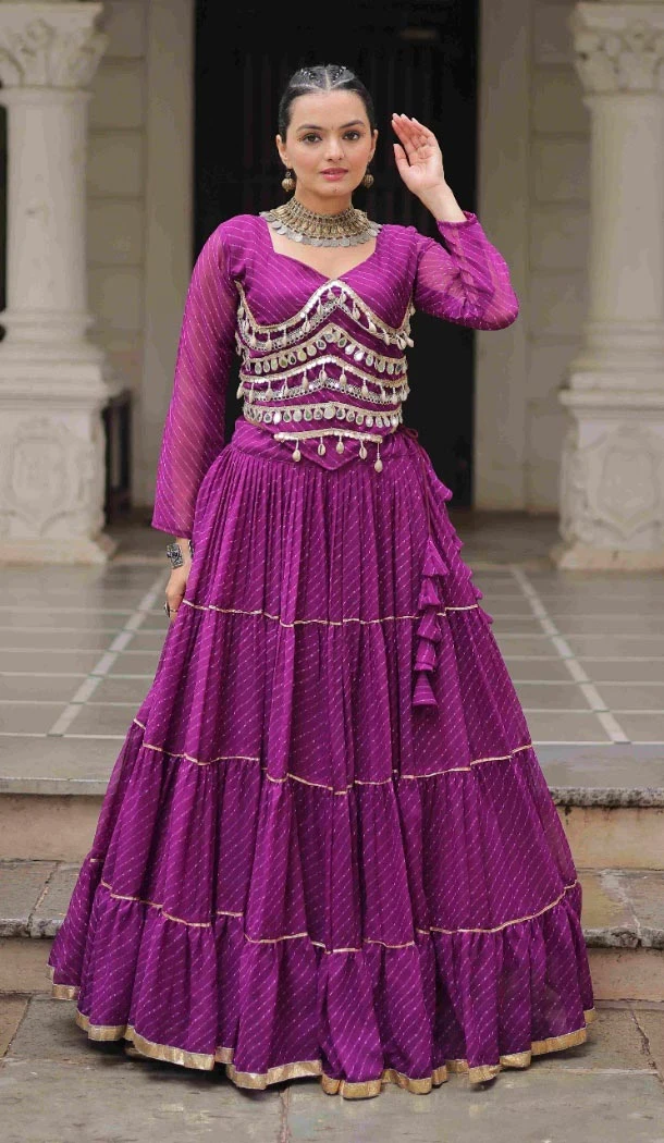 Women Lahariya Printed Faux Georgette Gota Patti Lace Work Navratri Chaniya Choli - 160841263
