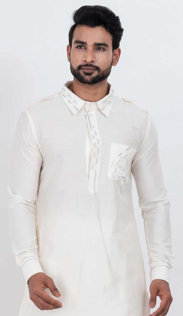 Viscose Plain Mens Pathani Kurta With Pajama In White - 12124205518