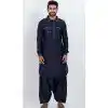Viscose Plain Mens Pathani Plus Size Kurta With Pajama In Black - 12124205519