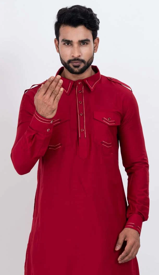 Viscose Plain Mens Pathani Kurta With Pajama In Red - 12124205520