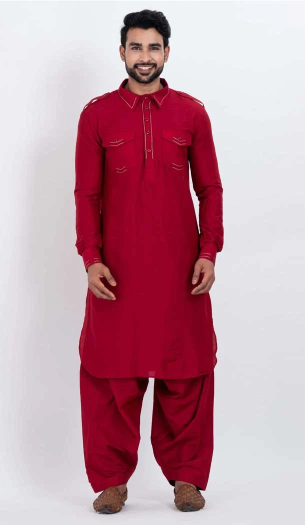Viscose Plain Mens Pathani Kurta With Pajama In Red - 12124205520