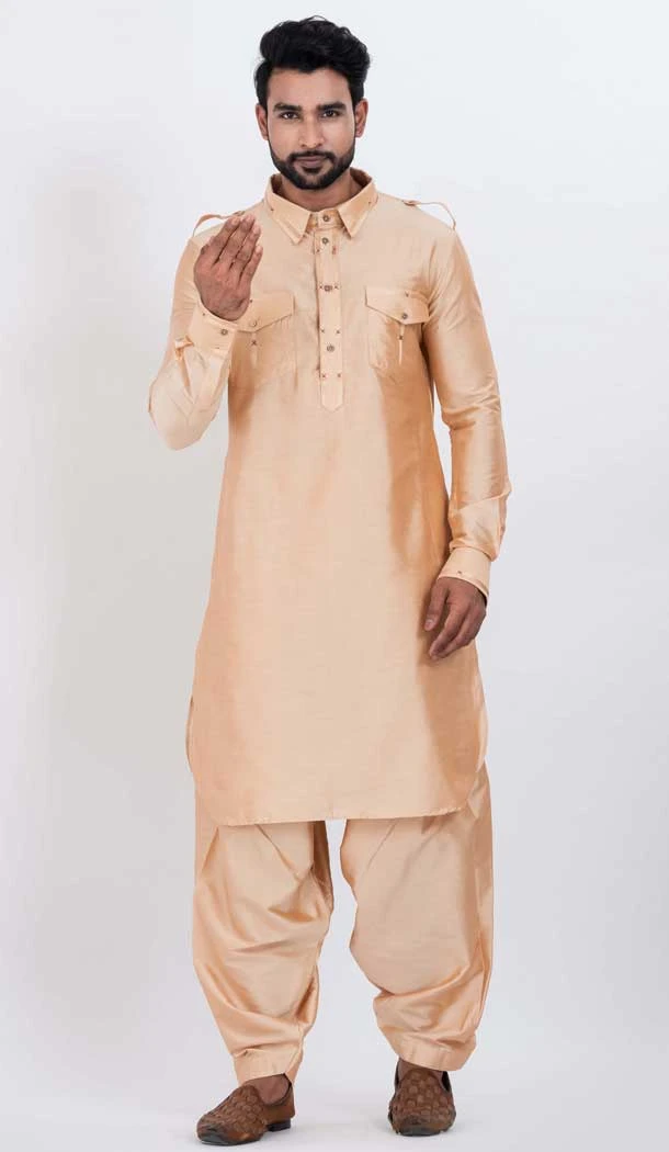 Viscose Plain Mens Pathani Kurta With Pajama In Chiku - 12124205521