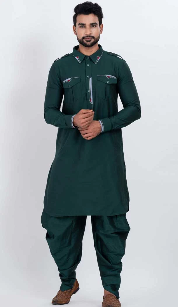 Viscose Plain Mens Pathani Kurta With Pajama In Rama - 12124205522