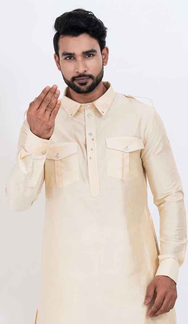 Viscose Plain Mens Pathani Kurta With Pajama In Cream - 12124205523
