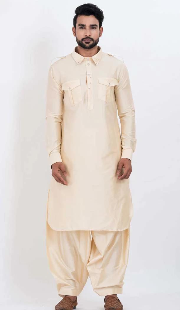 Viscose Plain Mens Pathani Kurta With Pajama In Cream - 12124205523