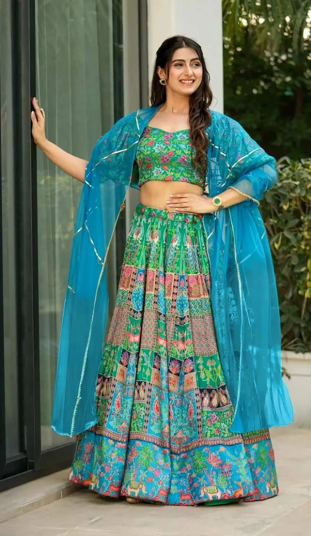 Women Silk Navratri Chaniya Choli Designer Digital Printed Sea Green - 160851264
