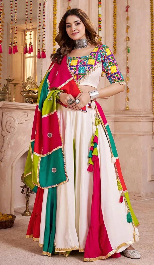 Women White Designer Embroidery Work Navratri Chaniya Choli Viscose Cotton - 160971353