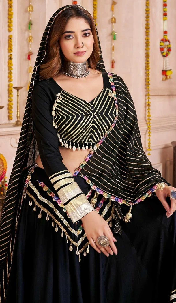 Women Viscose Cotton Designer Embroidery Work Black Navratri Chaniya Choli - 160971355