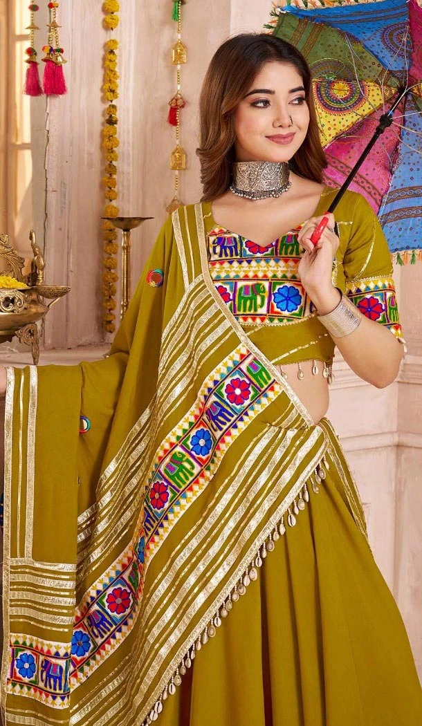 Women Designer Embroidery Work Viscose Cotton Green Navratri Chaniya Choli - 160971356