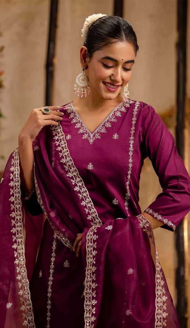 Purple Silk Blend Resham Work Festival Wear Readymade Salwar Kameez - 12135205736