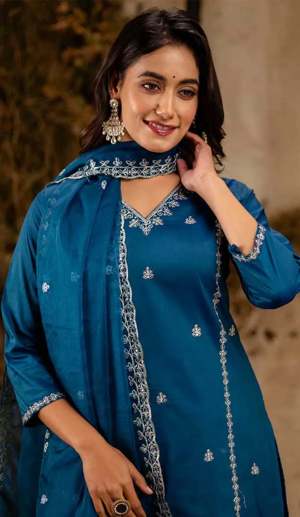Teal Blue Silk Blend Resham Work Festival Wear Readymade Salwar Kameez - 12135205737