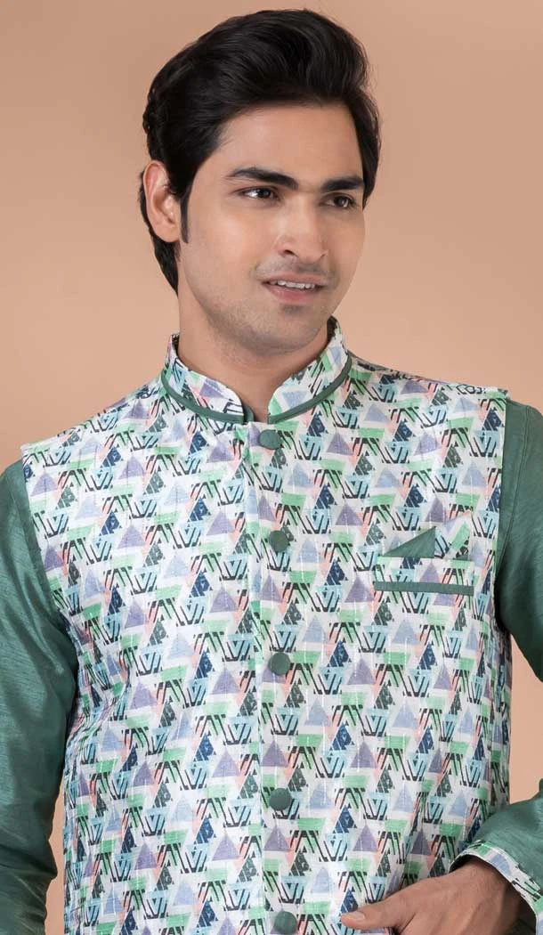 Green Banarasi Silk Digital Printed Part Wear Mens Kurta With Jacket - 12144205817