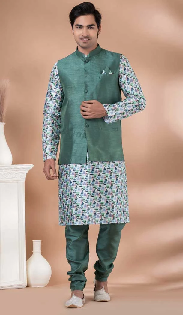 Multi Color Silk Digital Printed Part Wear Mens Kurta With Jacket - 12144205818