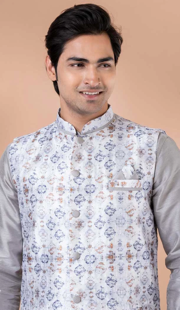 Grey Banarasi Silk Digital Printed Part Wear Mens Kurta With Jacket - 12144205819