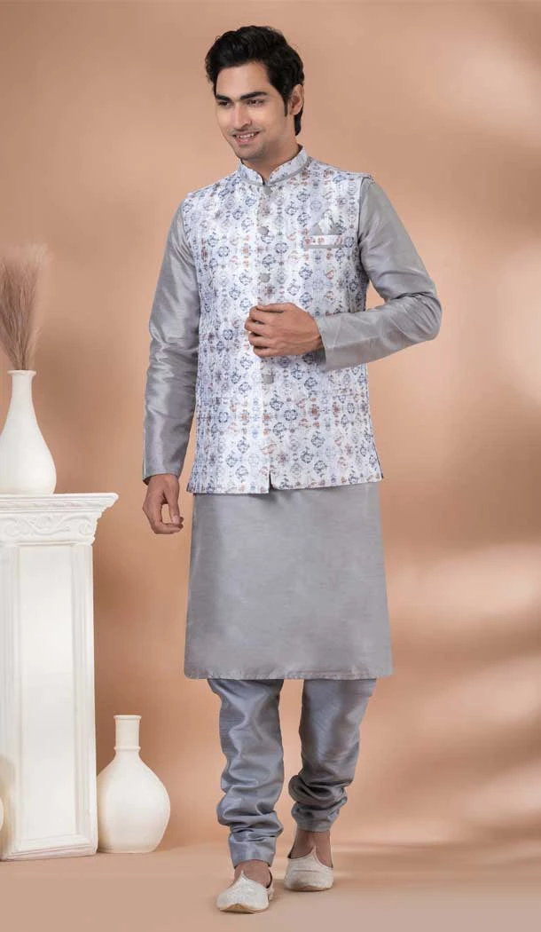 Grey Banarasi Silk Digital Printed Part Wear Mens Kurta With Jacket - 12144205819