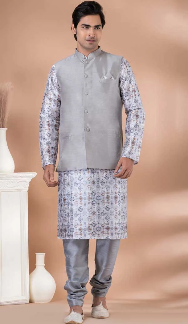 Silk Digital Printed Part Wear Mens Kurta With Jacket In Multi Color - 12144205820