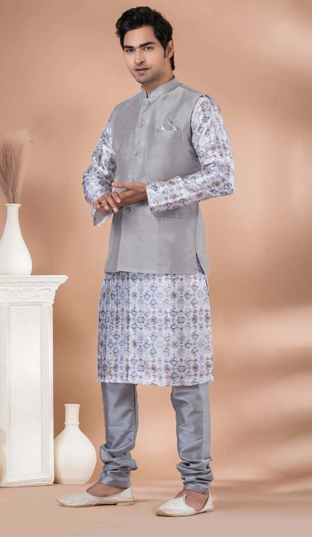 Silk Digital Printed Part Wear Mens Kurta With Jacket In Multi Color - 12144205820