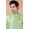 Banarasi Silk Digital Printed Part Wear Plus Size Mens Kurta With Jacket In Lime Green - 12144205821