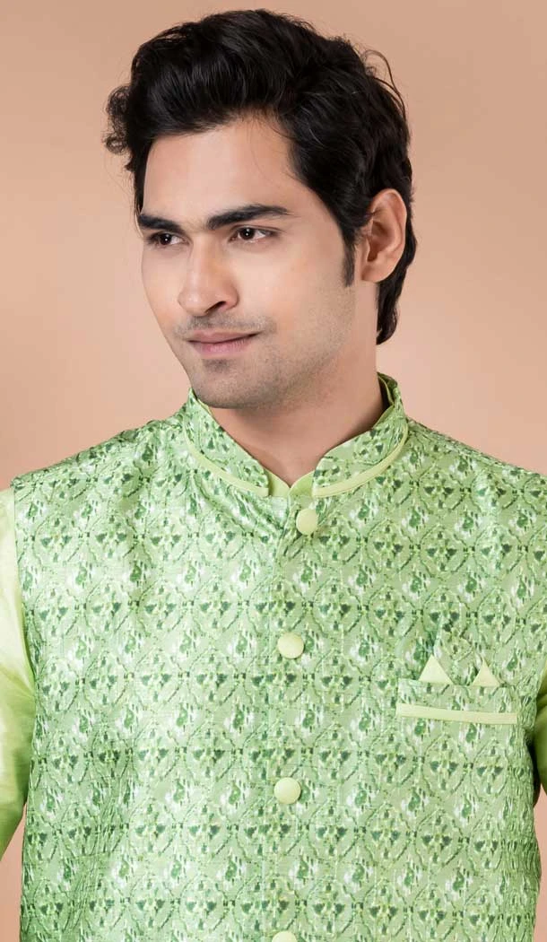 Banarasi Silk Digital Printed Part Wear Mens Kurta With Jacket In Lime Green - 12144205821