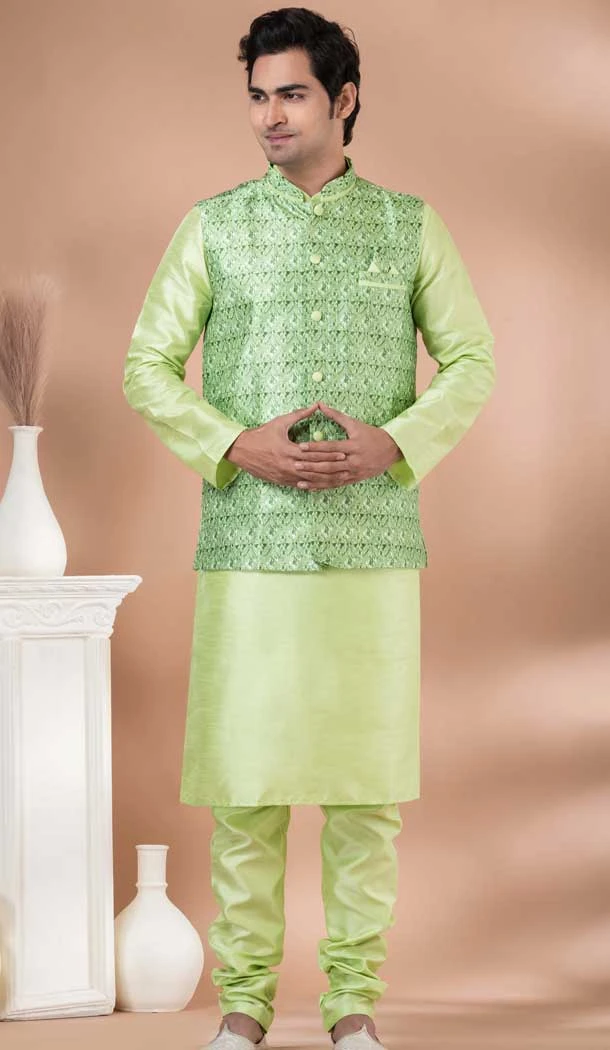 Banarasi Silk Digital Printed Part Wear Mens Kurta With Jacket In Lime Green - 12144205821