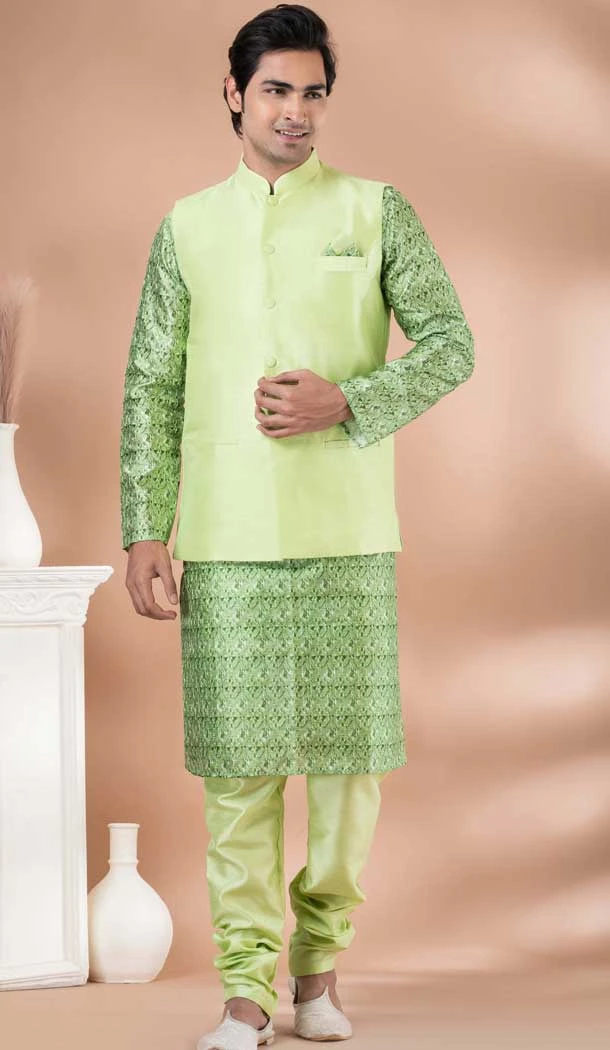 Multi Color Silk With Corset Work Part Wear Mens Kurta With Jacket - 12144205822