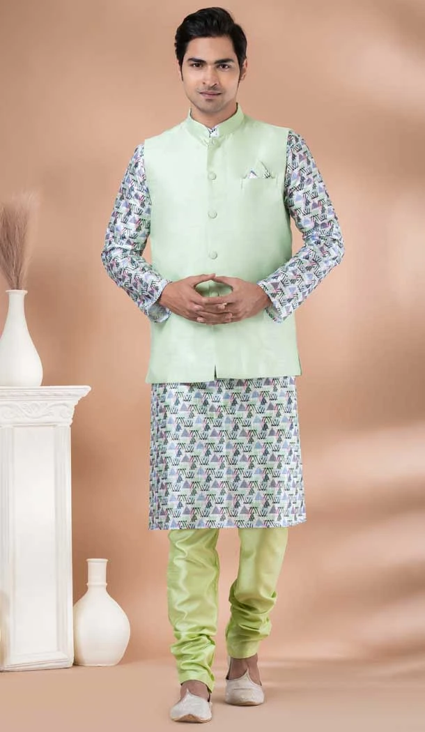 Multi Color Digital Printed Silk Part Wear Mens Kurta With Jacket - 12144205823