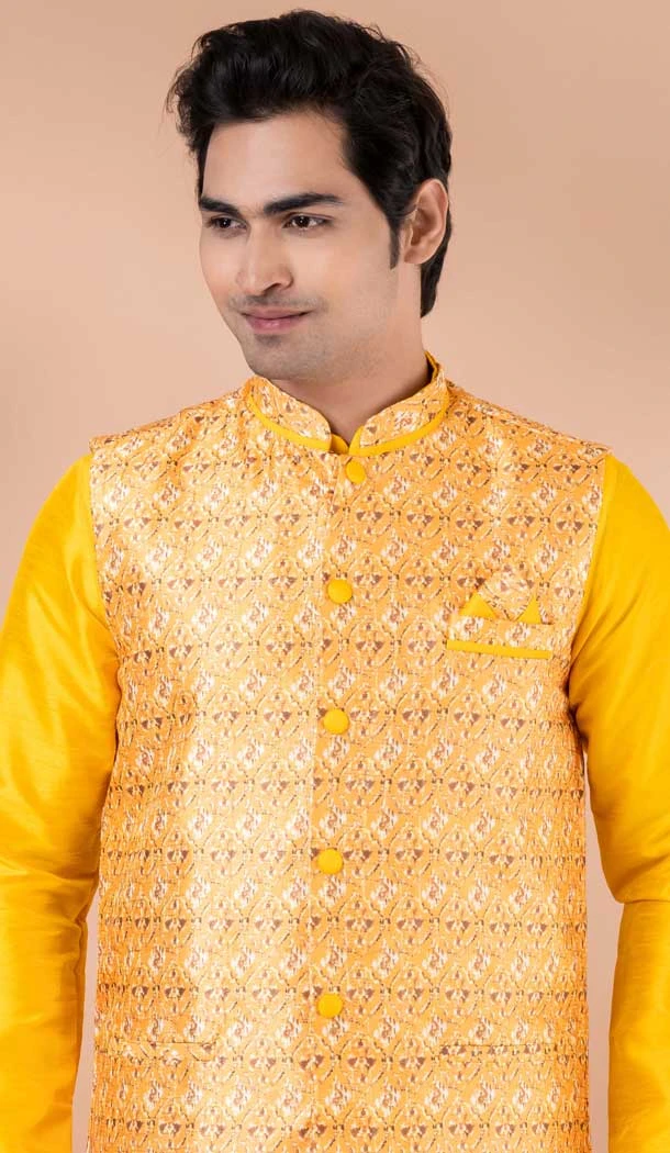 Yellow Banarasi Silk Digital Printed Part Wear Mens Kurta With Jacket - 12144205824