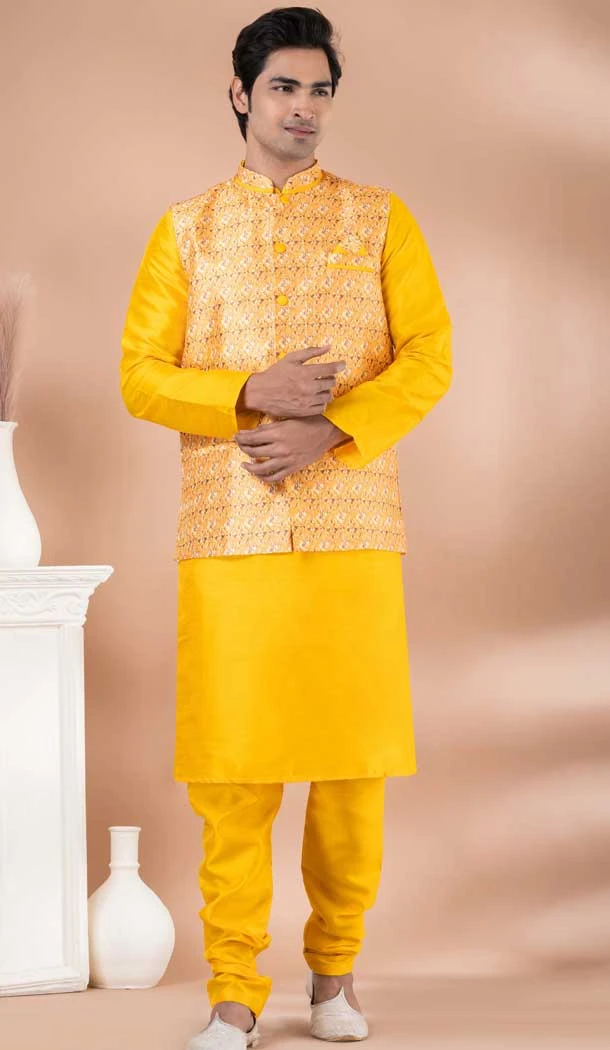 Yellow Banarasi Silk Digital Printed Part Wear Mens Kurta With Jacket - 12144205824