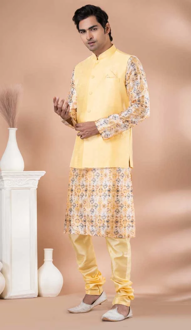 Attractive Multi Color Silk Digital Printed Part Wear Mens Kurta With Jacket - 12144205826