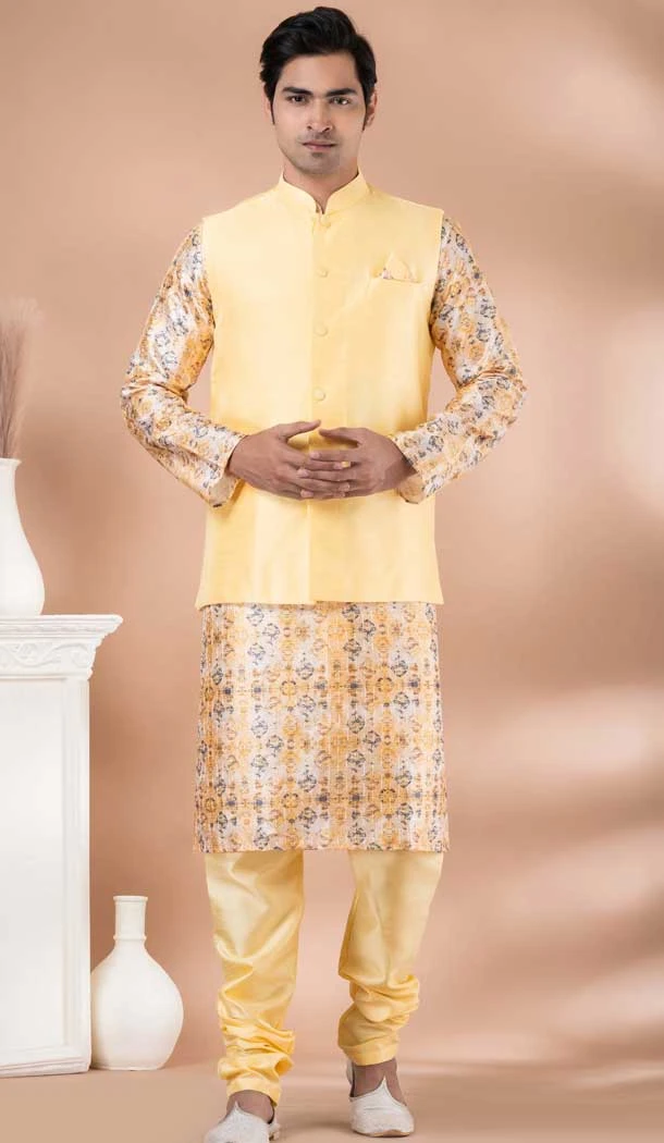 Attractive Multi Color Silk Digital Printed Part Wear Mens Kurta With Jacket - 12144205826