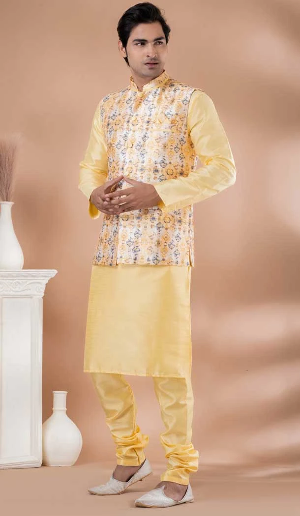 Light Yellow Banarasi Silk Digital Printed Part Wear Mens Kurta With Jacket - 12144205827