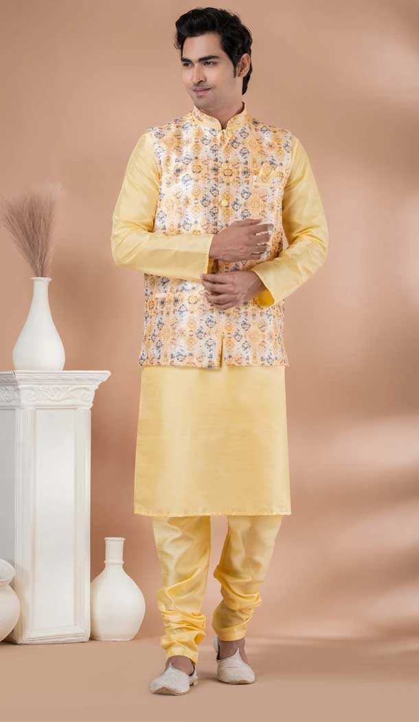 Light Yellow Banarasi Silk Digital Printed Part Wear Mens Kurta With Jacket - 12144205827