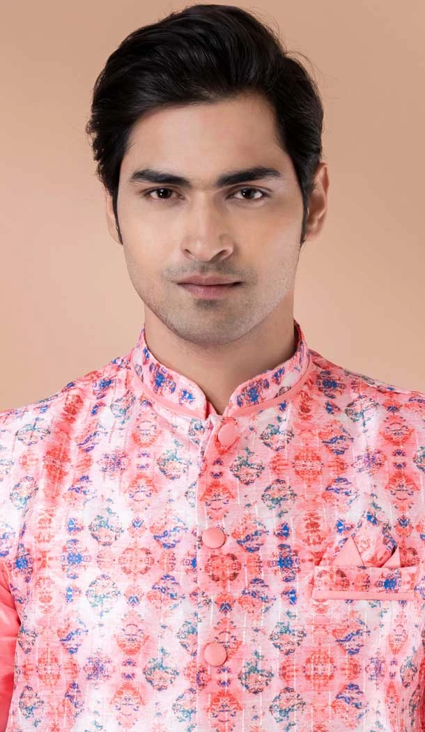 Pink Banarasi Silk Digital Printed Part Wear Mens Kurta With Jacket - 12144205828