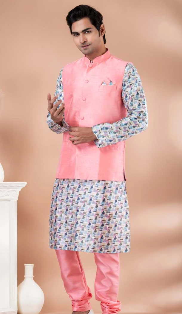Function Wear Multi Color Silk Digital Printed Readymade Mens Kurta With Jacket - 12144205829