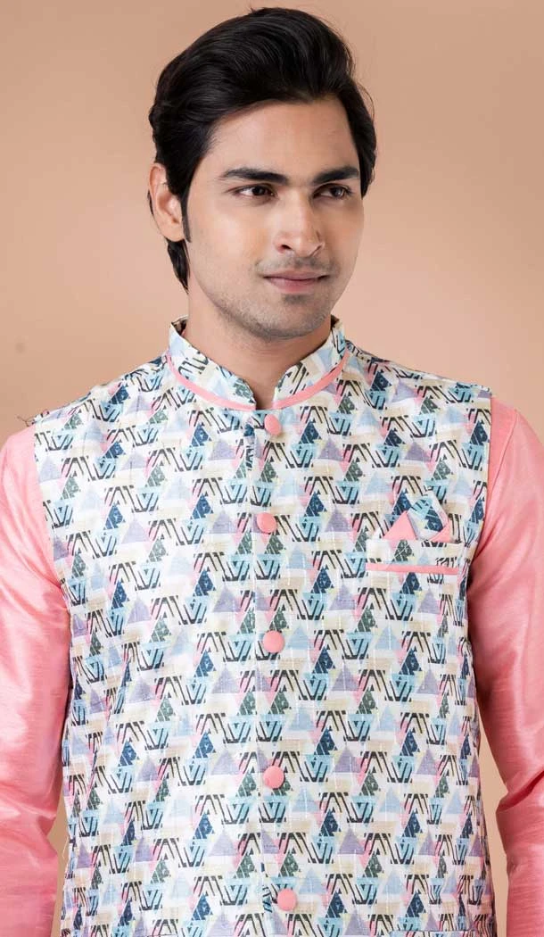 Banarasi Silk Digital Printed Part Wear Mens Kurta With Jacket In Pink - 12144205830