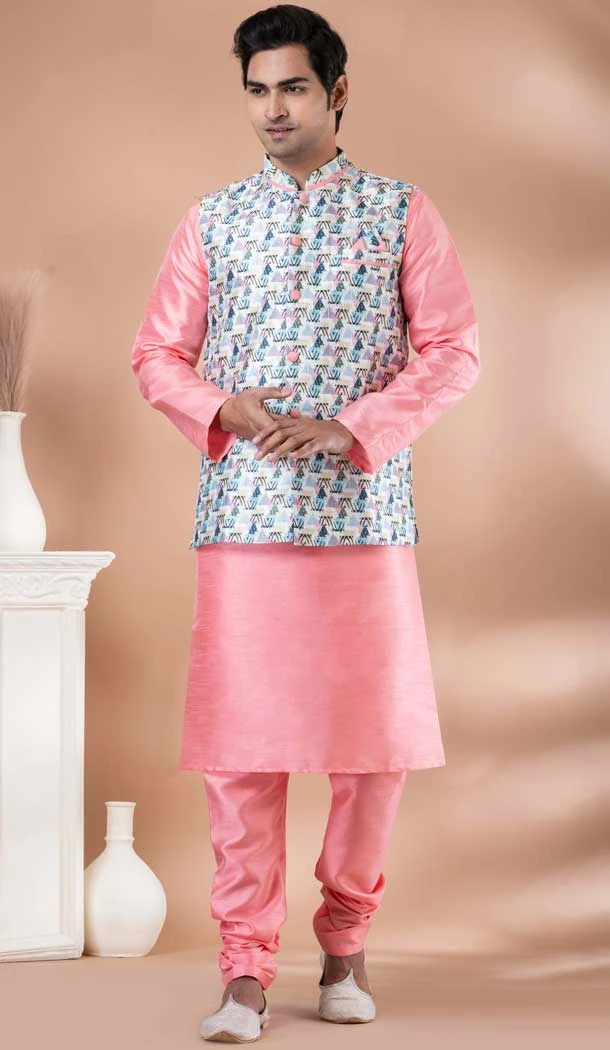 Banarasi Silk Digital Printed Part Wear Mens Kurta With Jacket In Pink - 12144205830